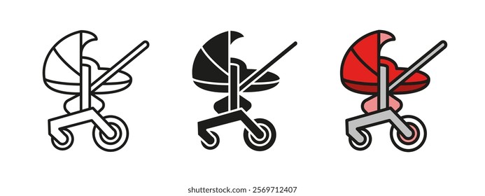 Baby carriage icon. Baby stroller vector illustration. Cradle or buggy symbol. Childbirth, motherhood and parenting sign. New family pictogram. Newborn red pushchair carriage isolated concept.