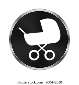 Baby carriage icon - vector brushed metal button