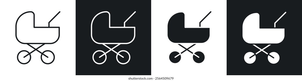 Baby carriage icons collection in black filled and line style.