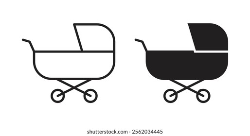 Baby carriage icons in flat and line style set.