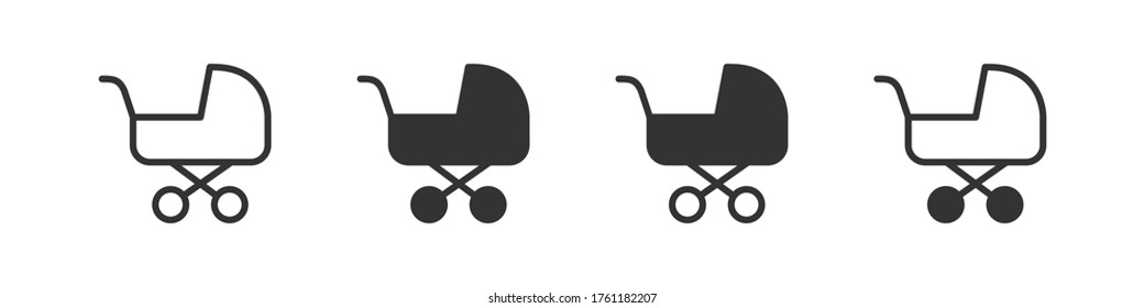 Baby carriage icons in four different versions in a flat design