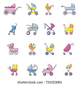Baby carriage icons set. Cartoon illustration of 16 baby carriage vector icons for web