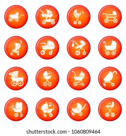 Baby carriage icons set vector red circle isolated on white background 