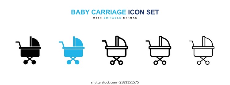 Baby carriage icons vector collection in black and blue colors on white background