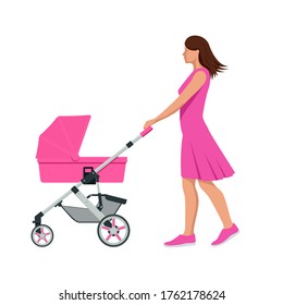 Baby carriage isolated on a white background. Kids transport. Strollers for baby boys or baby girls. Woman with baby stroller walks. Theme of motherhood and fatherhood