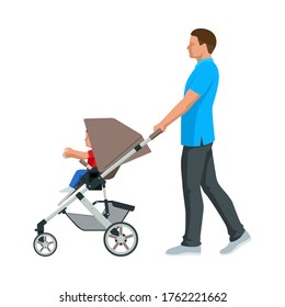 Baby carriage isolated on a white background. Kids transport. Strollers for baby boys or baby girls. Man with baby stroller walks. Theme of motherhood and fatherhood