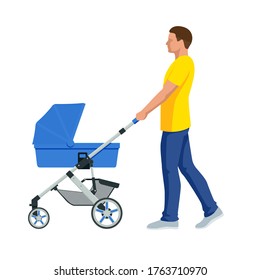 Baby carriage isolated on a white background. Kids transport. Strollers for baby boys or baby girls. Man with baby stroller walks. Theme of motherhood and fatherhood