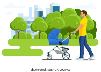 Baby carriage isolated on a white background. Kids transport. Strollers for baby boys or baby girls. Man with baby stroller walks. Theme of motherhood and fatherhood