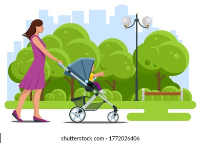 Baby carriage isolated on a white background. Kids transport. Strollers for baby boys or baby girls. Woman with baby stroller walks. Theme of motherhood and fatherhood