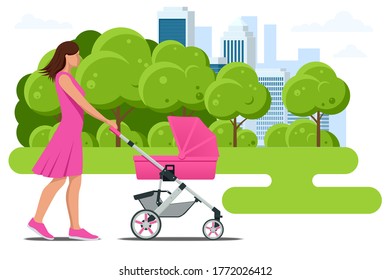 Baby carriage isolated on a white background. Kids transport. Strollers for baby boys or baby girls. Woman with baby stroller walks. Theme of motherhood and fatherhood