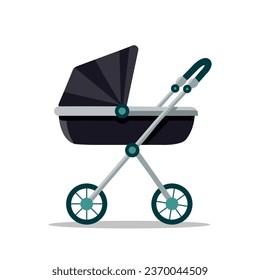 Baby carriage isolated on white background. Black stroller for babies. Vector stock