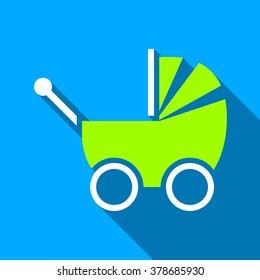 Baby Carriage long shadow vector icon. Style is a flat light symbol with rounded angles on a blue square background.
