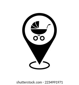 baby carriage map pointer, stroller icon with location pin, black symbol isolated on white background, vector marker