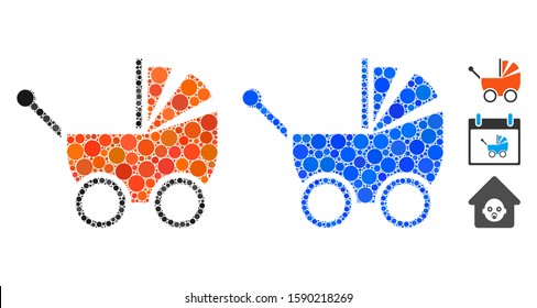Baby carriage mosaic of circle elements in various sizes and color tints, based on baby carriage icon. Vector circle elements are organized into blue collage.