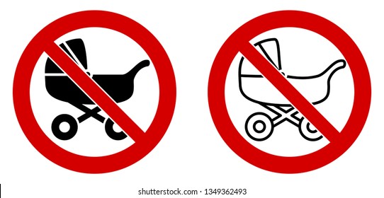 Baby carriage not allowed sign. Children stroller in red crossed circle