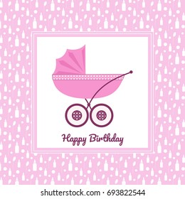 Baby carriage on pink background with white bottles and balloons greeting card for newborn baby