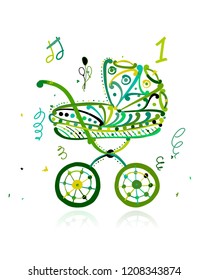 Baby carriage, ornate silhouette for your design