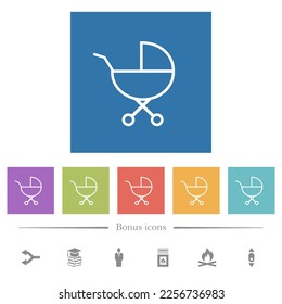 Baby carriage outline flat white icons in square backgrounds. 6 bonus icons included.