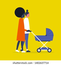 Baby carriage. Pram. Homosexual couple of female characters walking with a stroller. Modern parenthood. Flat editable vector illustration, clip art