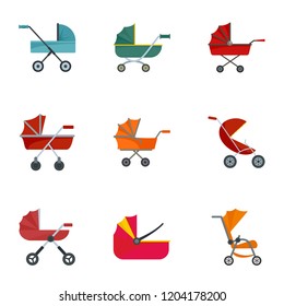 Baby carriage pram icon set. Flat set of 9 baby carriage pram vector icons for web design