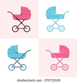 Baby carriage. Pram icon. Vector illustration. A set of baby carriages, pink for girls and blue for boys. Baby Stroller.