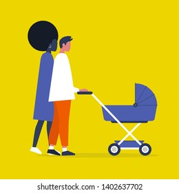 Baby carriage. Pram. Interracial couple of characters walking with a stroller. Modern parenthood. Flat editable vector illustration, clip art