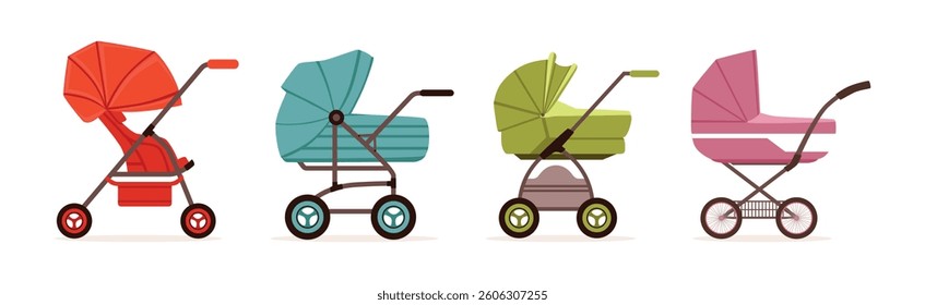 Baby Carriage or Pram for Baby Walking Vector Set