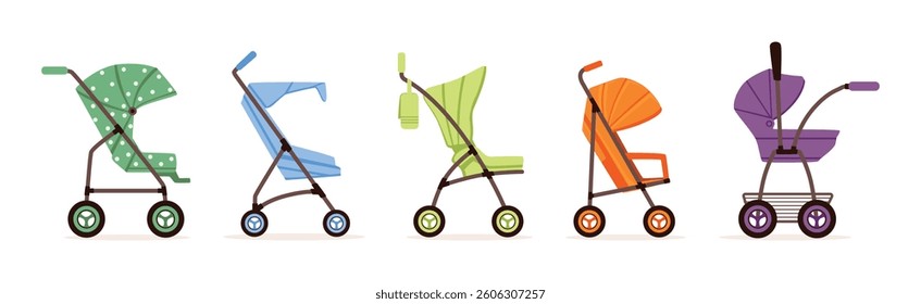 Baby Carriage or Pram for Baby Walking Vector Set