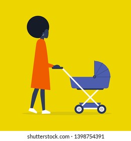 Baby carriage. Pram. Young black female character walking with a stroller. Modern parenthood. Flat editable vector illustration, clip art