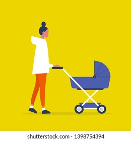 Baby carriage. Pram. Young female character walking with a stroller. Modern parenthood. Flat editable vector illustration, clip art
