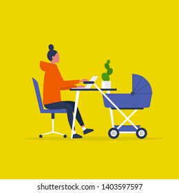 Baby carriage. Pram. Young female character combining work and baby care. Modern parenthood. Flat editable vector illustration, clip art