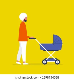 Baby carriage. Pram. Young indian character walking with a stroller. Modern parenthood. Flat editable vector illustration, clip art