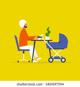 Baby carriage. Pram. Young indian character combining work and baby care. Modern parenthood. Flat editable vector illustration, clip art