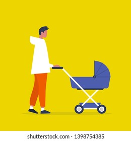 Baby carriage. Pram. Young male character walking with a stroller. Modern parenthood. Flat editable vector illustration, clip art