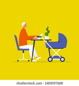 Baby carriage. Pram. Young male character combining work and baby care. Modern parenthood. Flat editable vector illustration, clip art