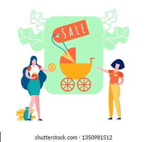 Baby Carriage Sale Cartoon Vector Illustration. Pram with Price Tag. Woman Buying Goods with Discount. Sales Assistant in Baby Products Shop. Mother Flat Character. Maternity, Parenting. Coins Stack