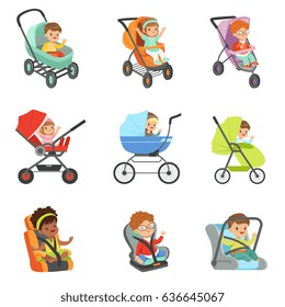 Baby carriage set. Children transport colorful Illustrations