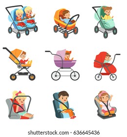 Baby carriage set. Different types of children transport colorful Illustrations