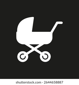 Baby carriage silhouette logo.White icon baby stroller  isolated on black background.Vector illustration side view.