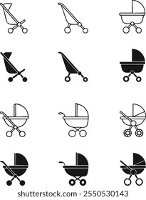 Baby carriage silhouette vector set. Babies stroller icons collection.