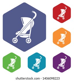 Baby carriage simple icons vector colorful hexahedron set collection isolated on white
