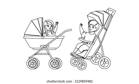 In Baby Carriage Sitting Toddler Children Black Line Pencil Drawing Vector. Happiness Little Boy And Girl Sit In Baby Carriage And Waving With Hand. Characters In Stroller Transportation Illustration