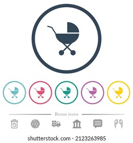 Baby carriage solid flat color icons in round outlines. 6 bonus icons included.