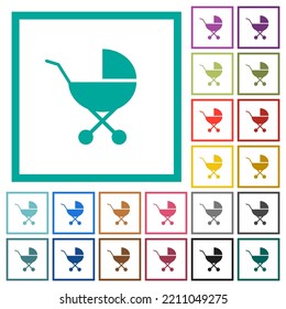 Baby carriage solid flat color icons with quadrant frames on white background