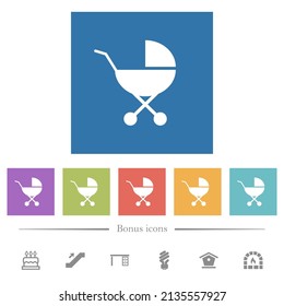 Baby carriage solid flat white icons in square backgrounds. 6 bonus icons included.