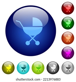 Baby carriage solid icons on round glass buttons in multiple colors. Arranged layer structure
