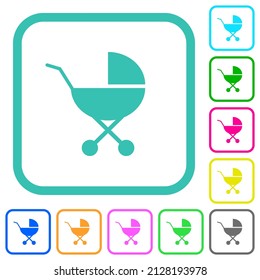 Baby carriage solid vivid colored flat icons in curved borders on white background
