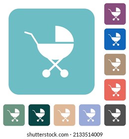Baby carriage solid white flat icons on color rounded square backgrounds