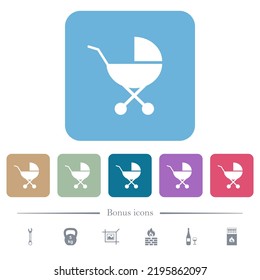 Baby carriage solid white flat icons on color rounded square backgrounds. 6 bonus icons included