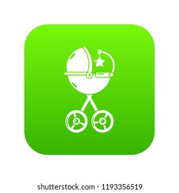 Baby carriage star icon green vector isolated on white background